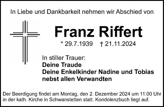 Traueranzeige von Franz Riffert von Gesamtausgabe Nürnberger Nachrichten/ Nürnberger Ztg.