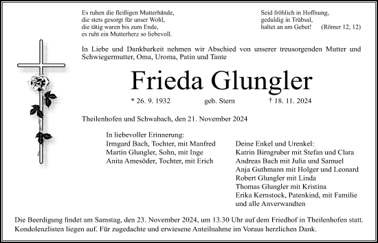 Traueranzeige von Frieda Glungler von Altmühl-Bote Lokal