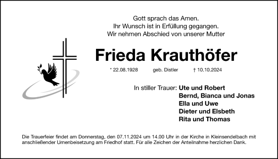 Traueranzeige von Frieda Krauthöfer von Erlanger Nachrichten Lokal