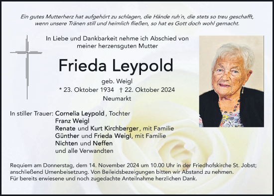 Traueranzeige von Frieda Leypold von Neumarkter Nachrichten Lokal