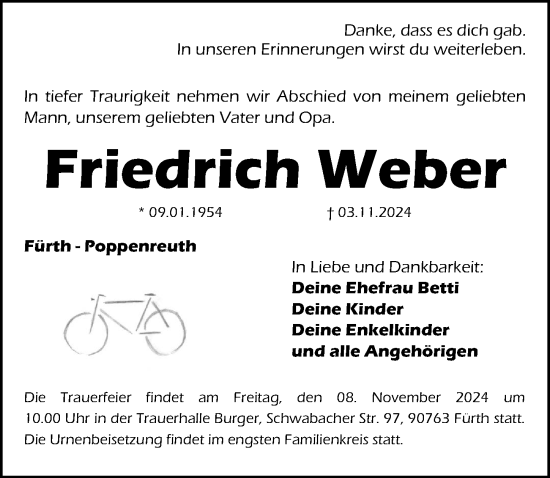 Traueranzeige von Friedrich Weber von Fürther Nachrichten/ Gesamtausgabe Nürnberger Nachrichten/ Nürnberger Ztg.