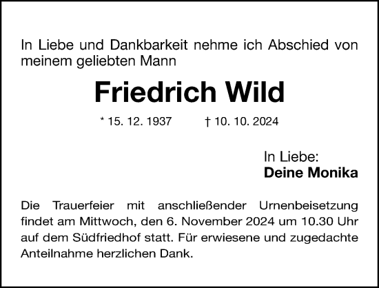 Traueranzeige von Friedrich Wild von Gesamtausgabe Nürnberger Nachrichten/ Nürnberger Ztg.