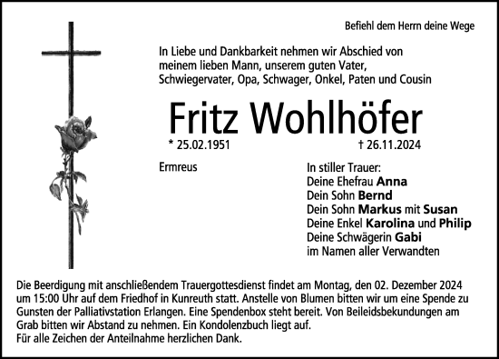 Traueranzeige von Fritz Wohlhöfer von Nordbayerische Nachrichten Forchheim Lokal