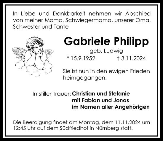 Traueranzeige von Gabriele Philipp von Gesamtausgabe Nürnberger Nachrichten/ Nürnberger Ztg.