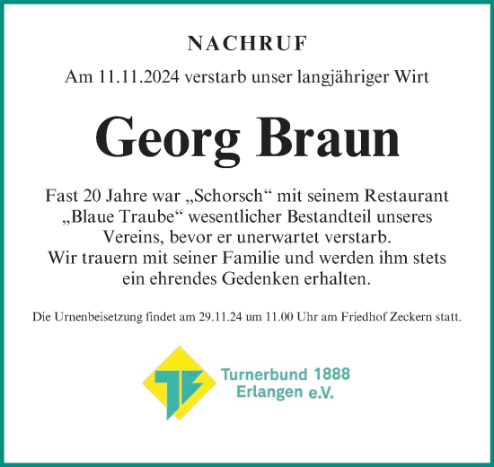 Traueranzeige von Georg Braun von Erlanger Nachrichten Lokal