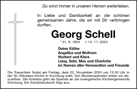 Traueranzeige von Georg Schell von Gesamtausgabe Nürnberger Nachrichten/ Nürnberger Ztg.