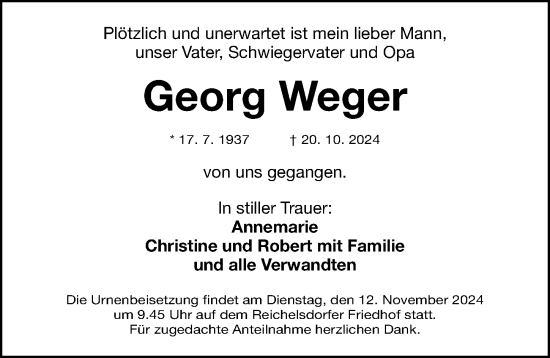 Traueranzeige von Georg Weger von Gesamtausgabe Nürnberger Nachrichten/ Nürnberger Ztg.