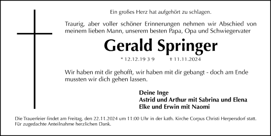 Traueranzeige von Gerald Springer von Gesamtausgabe Nürnberger Nachrichten/ Nürnberger Ztg.