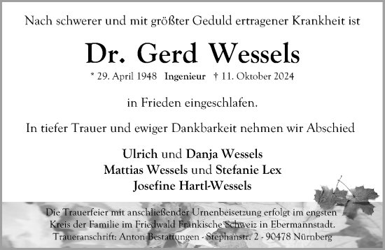 Traueranzeige von Gerd Wessels von Erlanger Nachrichten Lokal