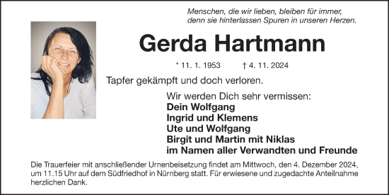 Traueranzeige von Gerda Hartmann von Gesamtausgabe Nürnberger Nachrichten/ Nürnberger Ztg.