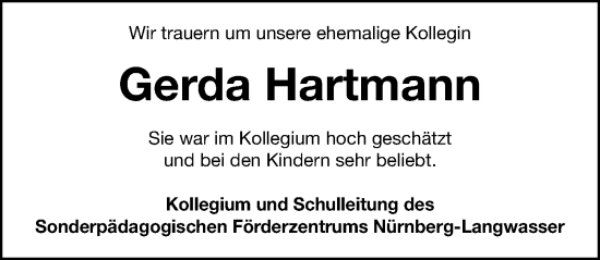 Traueranzeige von Gerda Hartmann von Gesamtausgabe Nürnberger Nachrichten/ Nürnberger Ztg.