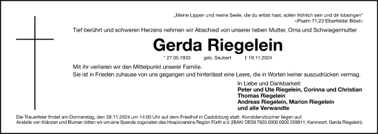 Traueranzeige von Gerda Riegelein von Fürther Nachrichten Lokal