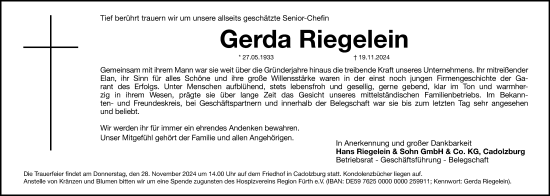 Traueranzeige von Gerda Riegelein von Fürther Nachrichten Lokal