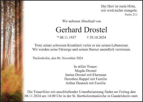 Traueranzeige von Gerhard Drostel von Altmühl-Bote Lokal