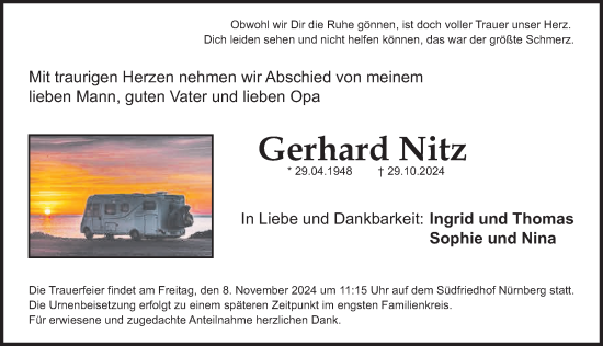 Traueranzeige von Gerhard Nitz von Gesamtausgabe Nürnberger Nachrichten/ Nürnberger Ztg.