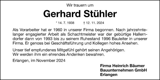 Traueranzeige von Gerhard Stühler von Erlanger Nachrichten/ Nordbayer. Nachrichten Forchheim