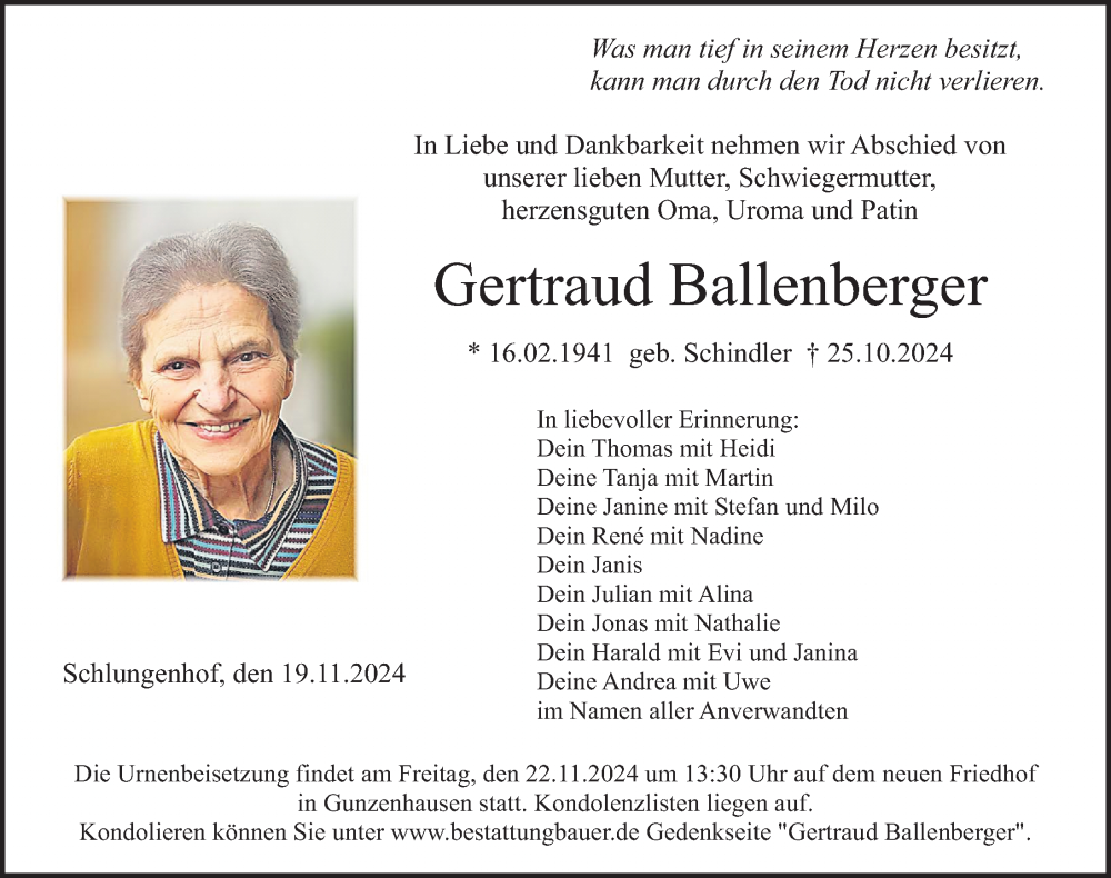  Traueranzeige für Gertraud Ballenberger vom 19.11.2024 aus Altmühl-Bote Lokal