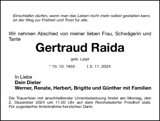 Traueranzeige von Gertraud Raida von Gesamtausgabe Nürnberger Nachrichten/ Nürnberger Ztg.