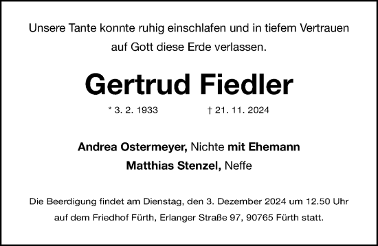 Traueranzeige von Gertrud Fiedler von Fürther Nachrichten Lokal