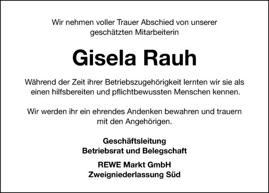 Traueranzeige von Gisela Rauh von Gesamtausgabe Nürnberger Nachrichten/ Nürnberger Ztg.