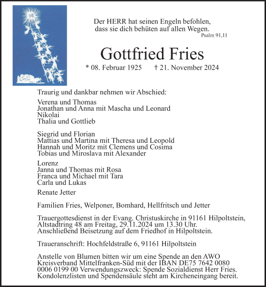 Traueranzeige von Gottfried Fries von Gesamtausgabe Nürnberger Nachrichten/ Nürnberger Ztg.