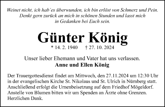 Traueranzeige von Günter König von Gesamtausgabe Nürnberger Nachrichten/ Nürnberger Ztg.