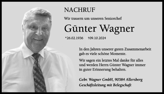 Traueranzeige von Günter Wagner von Gesamtausgabe Nürnberger Nachrichten/ Nürnberger Ztg.