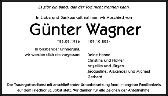 Traueranzeige von Günter Wagner von Gesamtausgabe Nürnberger Nachrichten/ Nürnberger Ztg.