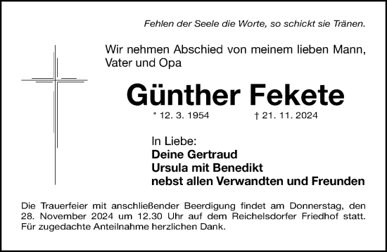 Traueranzeige von Günther Fekete von Gesamtausgabe Nürnberger Nachrichten/ Nürnberger Ztg.