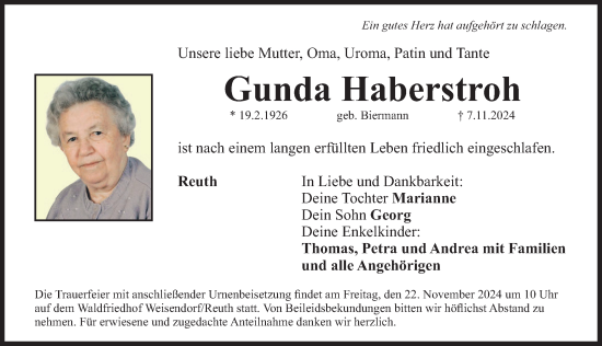 Traueranzeige von Gunda Haberstroh von Nordbayerische Nachrichten Herzogenaurach Lokal