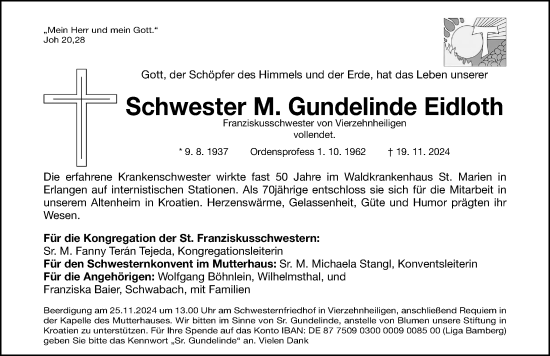 Traueranzeige von Gundelinde Eidloth von Erlanger Nachrichten Lokal