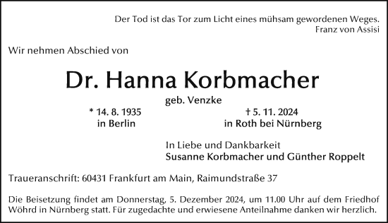 Traueranzeige von Hanna Korbmacher von Gesamtausgabe Nürnberger Nachrichten/ Nürnberger Ztg.