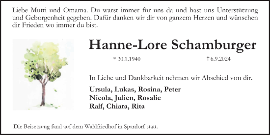 Traueranzeige von Hanne-Lore Schamburger von Erlanger Nachrichten Lokal