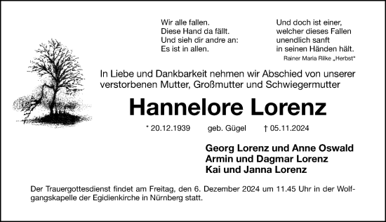 Traueranzeige von Hannelore Lorenz von Gesamtausgabe Nürnberger Nachrichten/ Nürnberger Ztg.