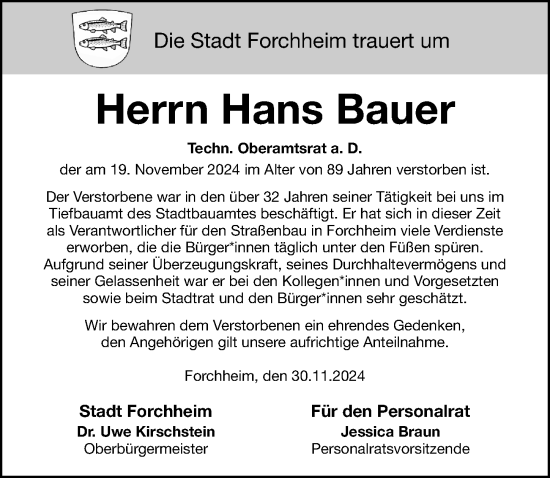 Traueranzeige von Hans Bauer von Nordbayerische Nachrichten Forchheim Lokal