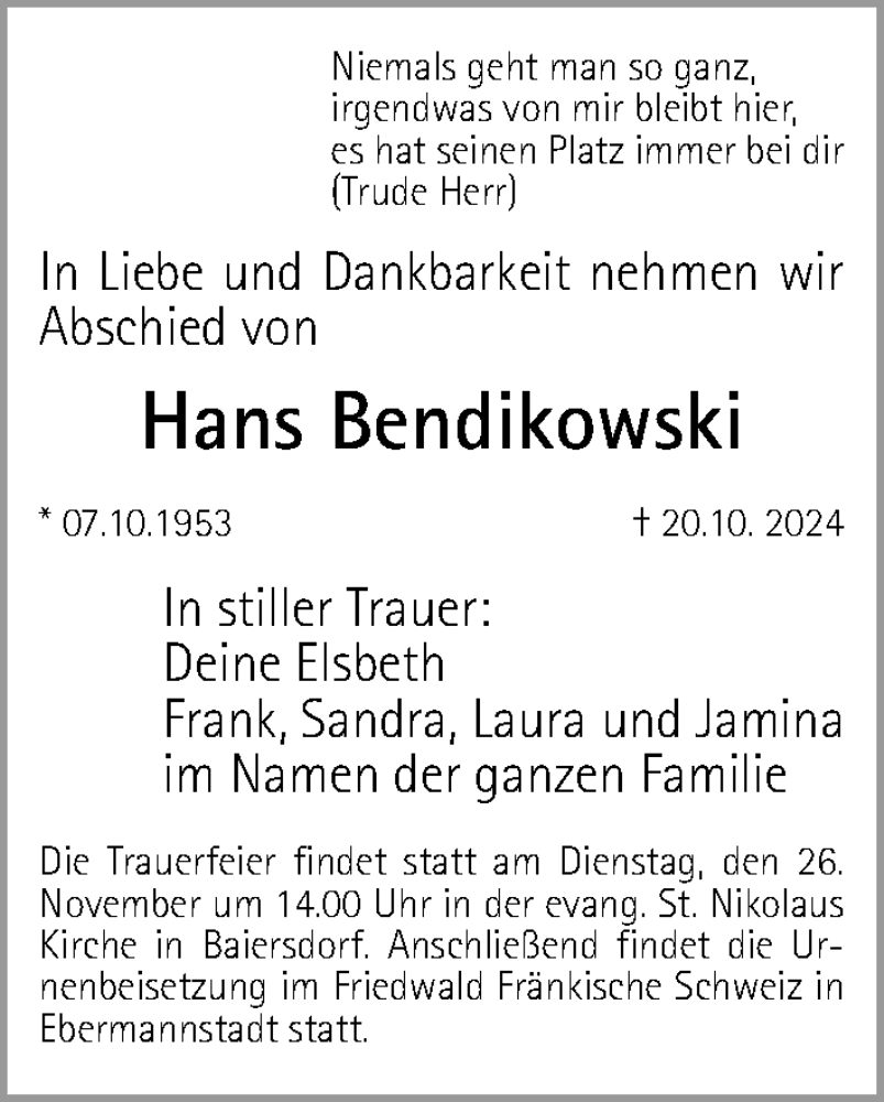  Traueranzeige für Hans Bendikowski vom 16.11.2024 aus Erlanger Nachrichten Lokal