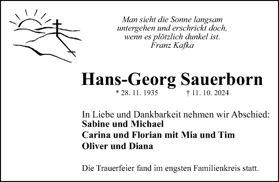 Traueranzeige von Hans-Georg Sauerborn von Gesamtausgabe Nürnberger Nachrichten/ Nürnberger Ztg.