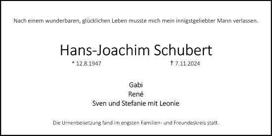 Traueranzeige von Hans-Joachim Schubert von Erlanger Nachrichten Lokal