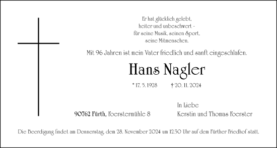 Traueranzeige von Hans Nagler von Fürther Nachrichten Lokal