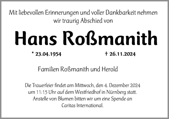 Traueranzeige von Hans Roßmanith von Gesamtausgabe Nürnberger Nachrichten/ Nürnberger Ztg.