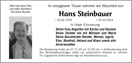 Traueranzeige von Hans Steinbauer von Altmühl-Bote Lokal