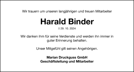 Traueranzeige von Harald Binder von Fürther Nachrichten Lokal