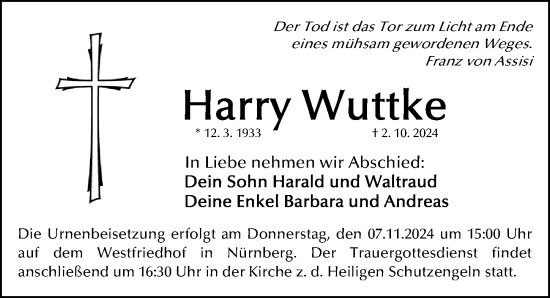 Traueranzeige von Harry Wuttke von Gesamtausgabe Nürnberger Nachrichten/ Nürnberger Ztg.