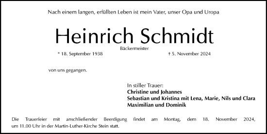 Traueranzeige von Heinrich Schmidt von Gesamtausgabe Nürnberger Nachrichten/ Nürnberger Ztg.