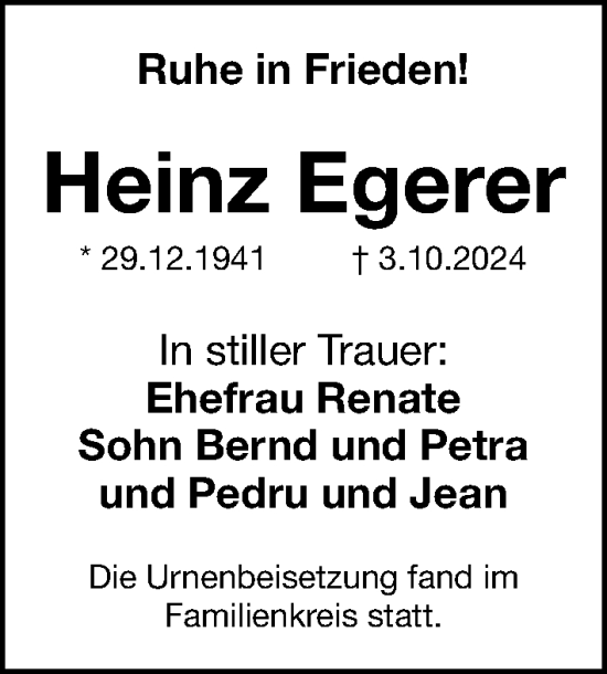 Traueranzeige von Heinz Egerer von Gesamtausgabe Nürnberger Nachrichten/ Nürnberger Ztg.