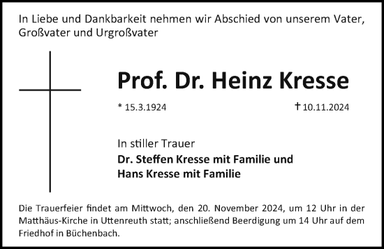 Traueranzeige von Heinz Kresse von Erlanger Nachrichten Lokal