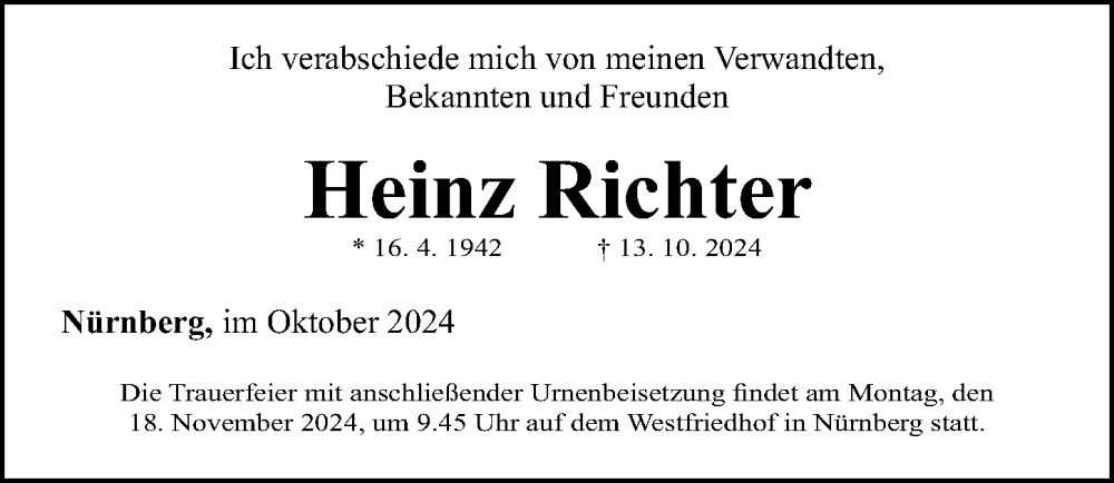  Traueranzeige für Heinz Richter vom 13.11.2024 aus Gesamtausgabe Nürnberger Nachrichten/ Nürnberger Ztg.