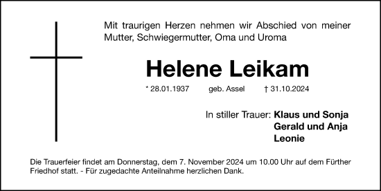 Traueranzeige von Helene Leikam von Fürther Nachrichten Lokal