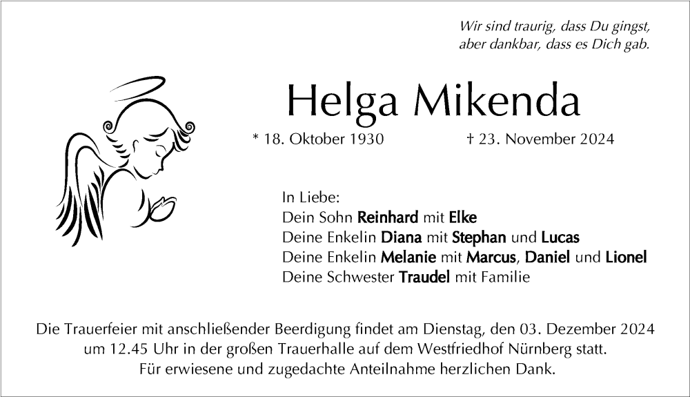  Traueranzeige für Helga Mikenda vom 30.11.2024 aus Nordbayerische Nachrichten Forchheim Lokal