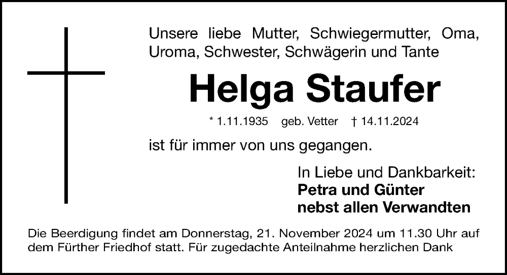  Traueranzeige für Helga Staufer vom 19.11.2024 aus Fürther Nachrichten Lokal